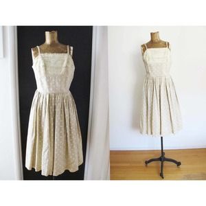 Vintage 50s Lace and Polka Dot Beige White Strappy Sundress XS